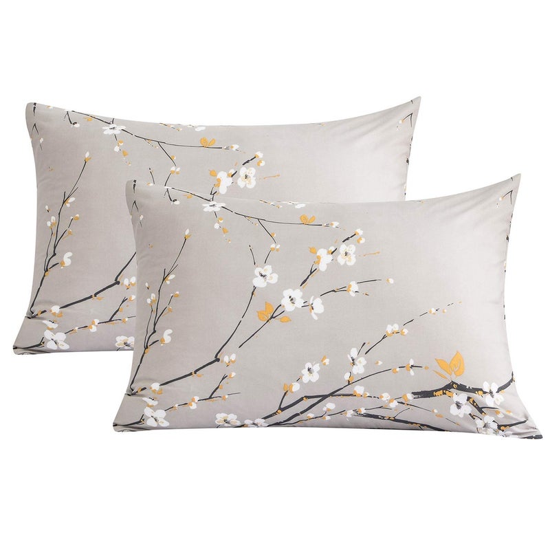 NANKO Floral Pillow Case Set (2 Pack), Tan Gray Plum Blossom Flower Pattern Printed Pillowcases/Pillow Shams - 20x30 inch Standard Queen Size - Image 1